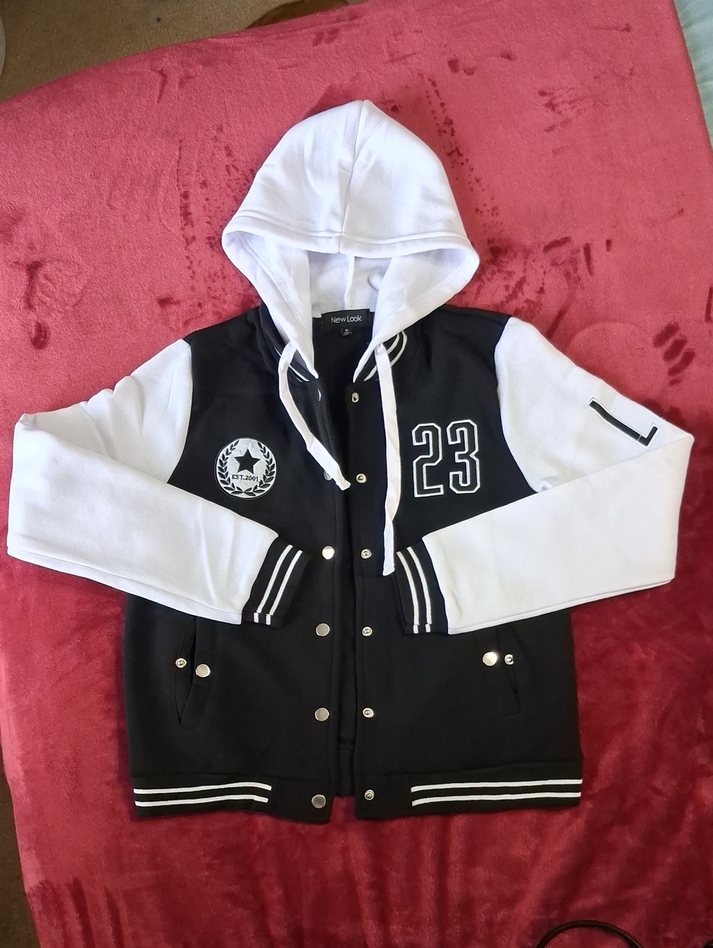 New Look Black & White Hooded Varsity Jacket with '23' Patch